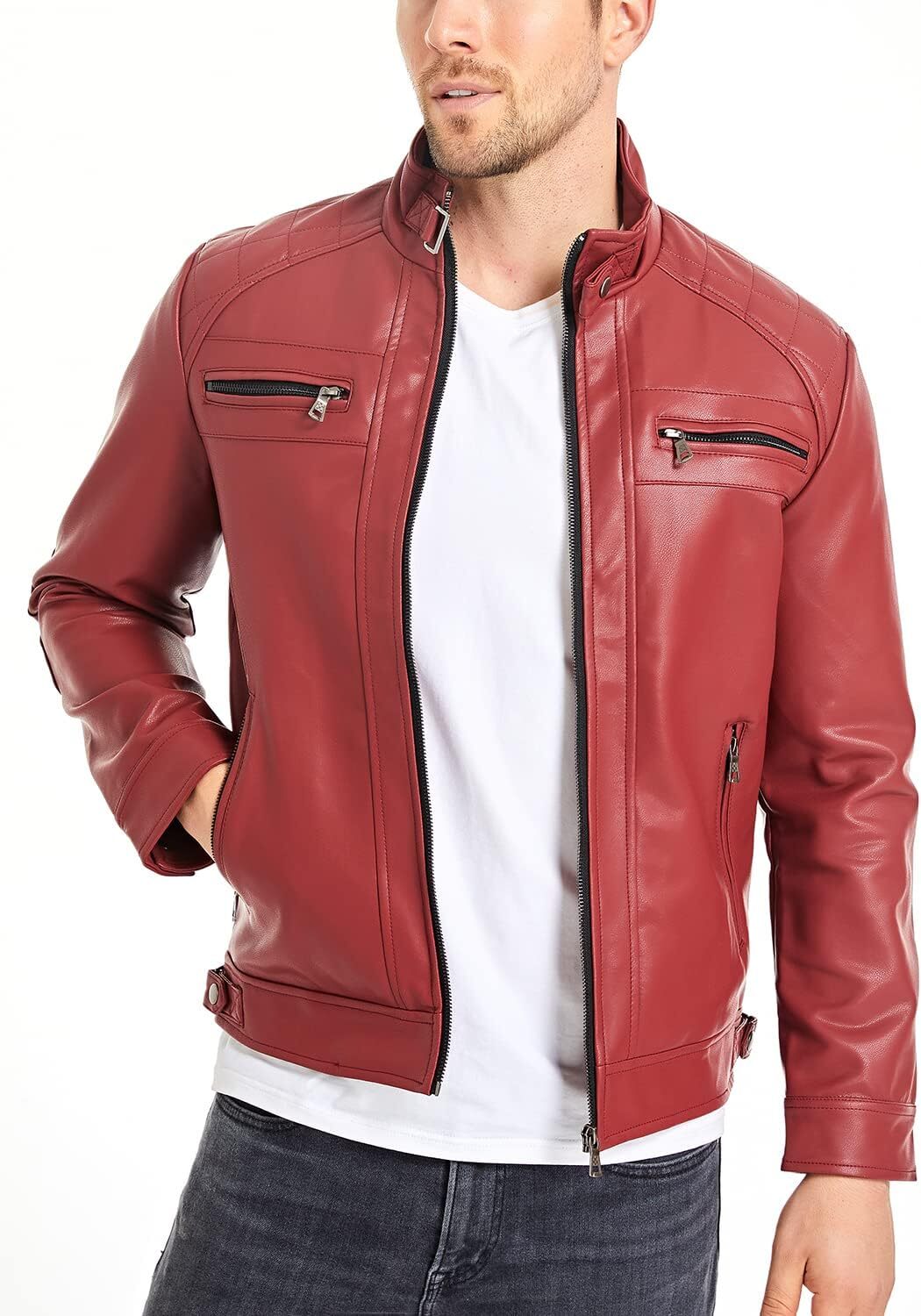 HOOD CREW Men’s Stand Collar Leather Jacket Casual Faux Leather