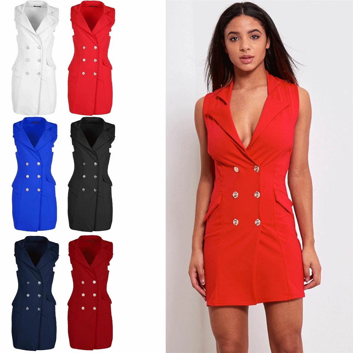 Ladies Womens Tuxedo Plain Collar Coat Golden Button Mini Cardigan Dress UK 8 18
