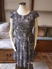 Betsey Johnson Black Gray Floral Lace Print Fit Flare Dress 12 Excellent