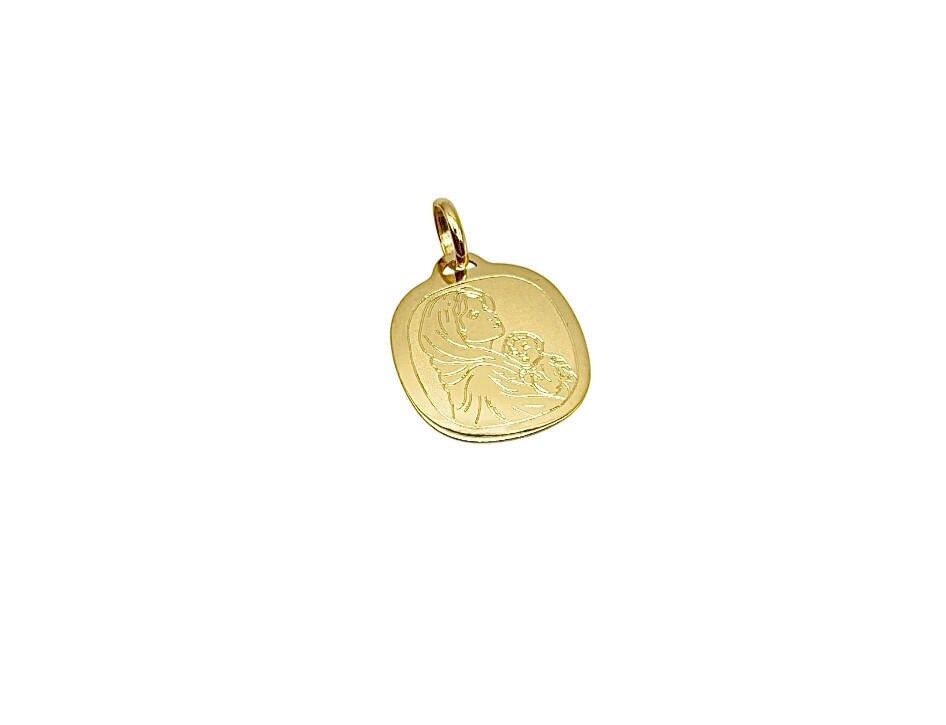 18K Yellow Gold Sacred Religious Medal - Virgin Mary and Jesus Charm - Handmade