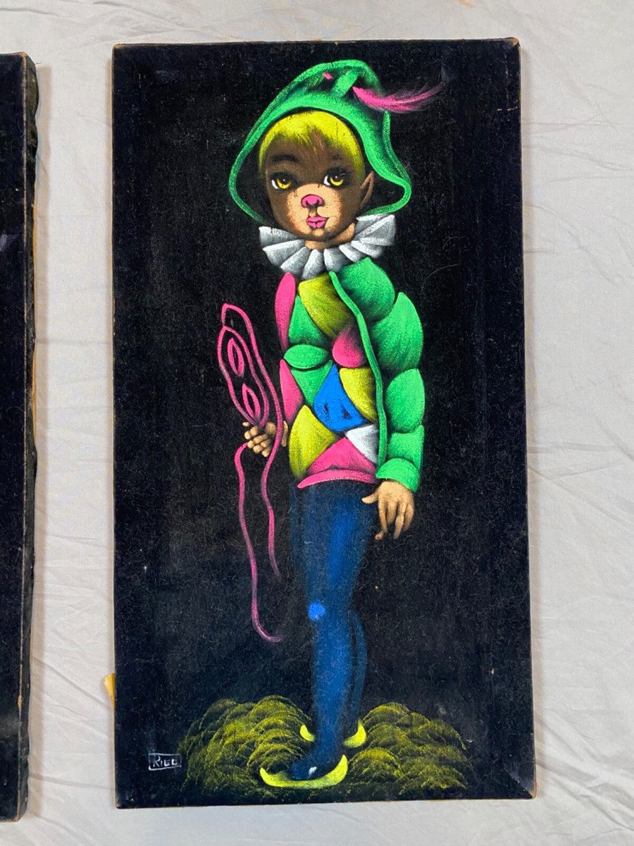 VTG Oil Painting On Velvet Jesters Mexican Folk Art MCM