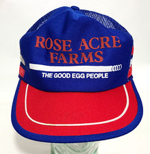 VTG USA Made ROSE ACRE Farms The Good Egg People 3 Stripes Blue Trucker CAP HAT