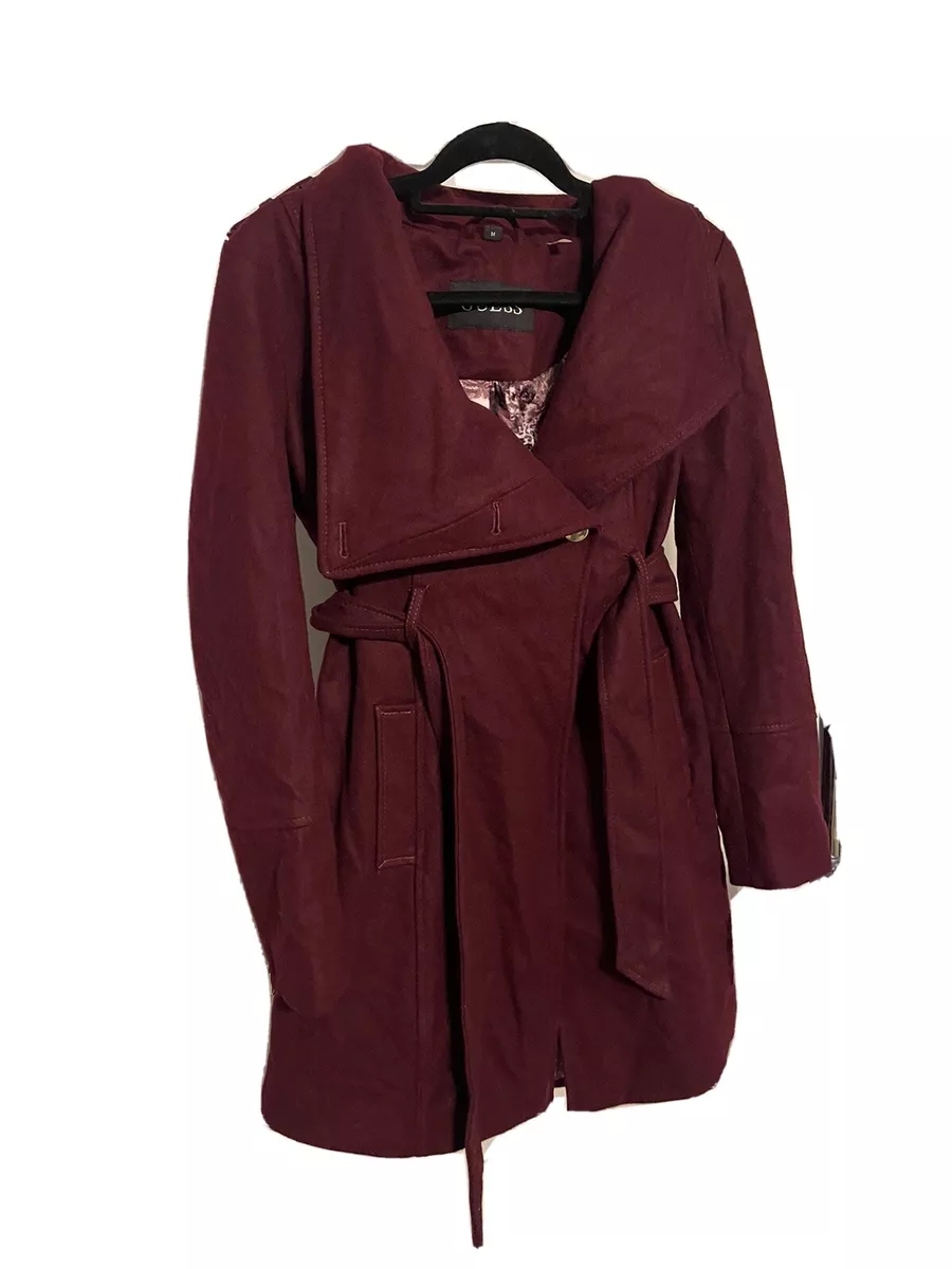 Guess Wool Blend Burgundy Purplr Double Breasted Pea Coat