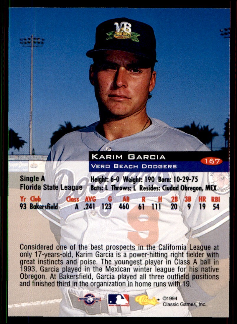 1994 Classic Karim Garcia Vero Beach Dodgers #167 | eBay