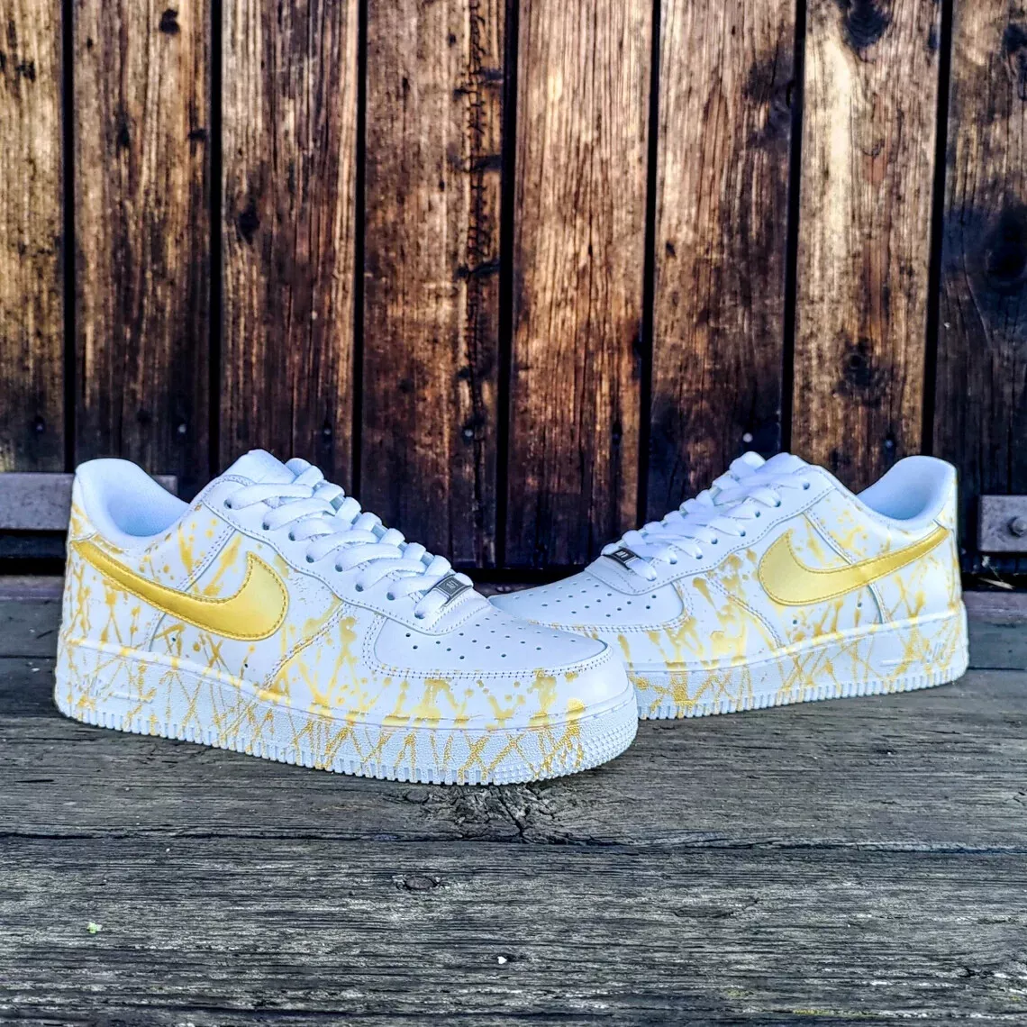 Nike Air Force 1 Custom "Shiny Gold" 👑 Flakes Splatter White  Shoes Mens Womens