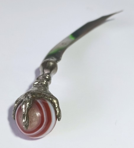 Vintage Curved Silver Blade Letter Opener w Monster Claw Holding Marble Orb - Picture 6 of 8
