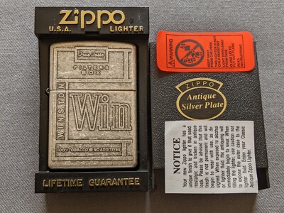 VTG 1998 WINSTON CIGARETTES ANTIQUE SILVER PLATE 4-SIDED ZIPPO LIGHTER MIB RARE