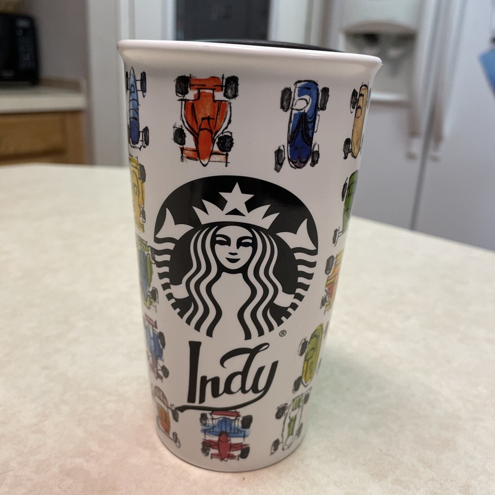 STARBUCKS 2016 Indianapolis INDY 500 RACE CARS Ceramic Tumbler w/Lid 12oz HTF