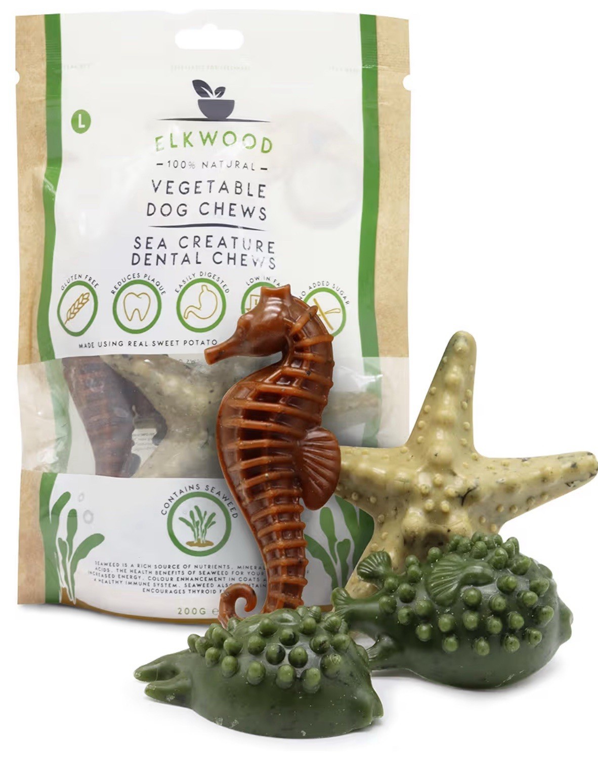 Elkwood 100% Natural Dog Dental Chew Treats 200g Large Sea Creature Shape 4PCS