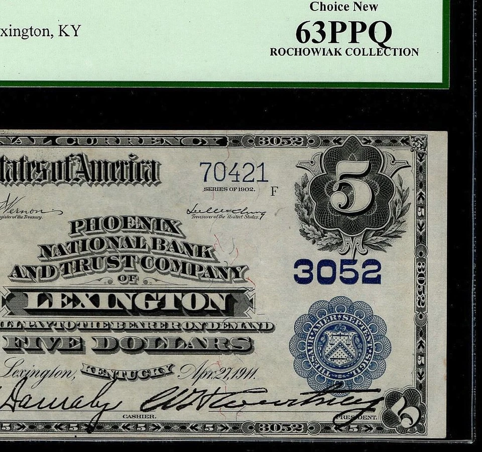 1902 $5 Phoenix NB & Trust Company of Lexington Kentucky PCGS 63 PPQ Ch# 3052 - Image 2 of 4