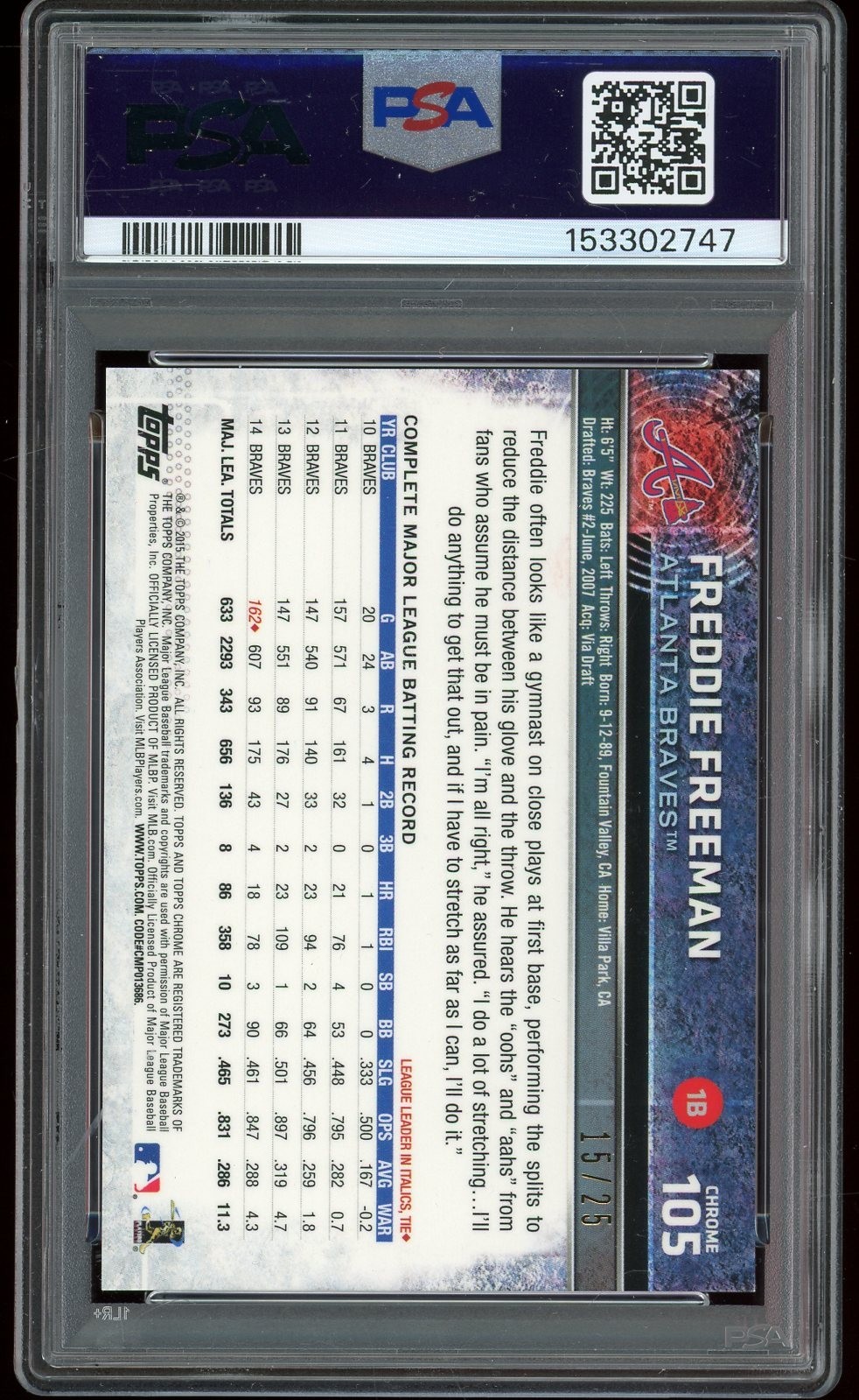 2015 Topps Chrome Freddie Freeman Orange Refractor 15/25 #105 Braves  PSA 7 NM view 2