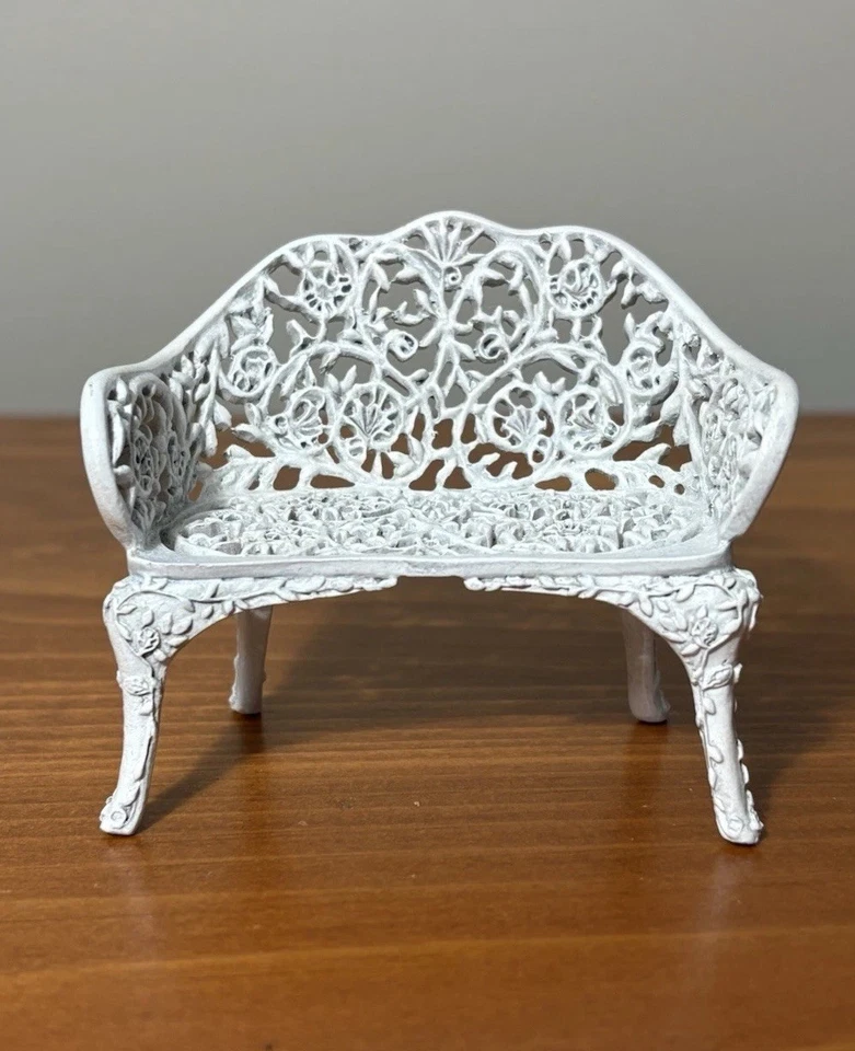 Ornate Dollhouse Heavy Wrought Iron White Garden Bench Miniature Furniture NOS - Image 2 of 4