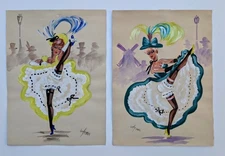 Pair Of 1960s Luky Paris Original Gouache Paintings Moulin Rouge Dancing Women