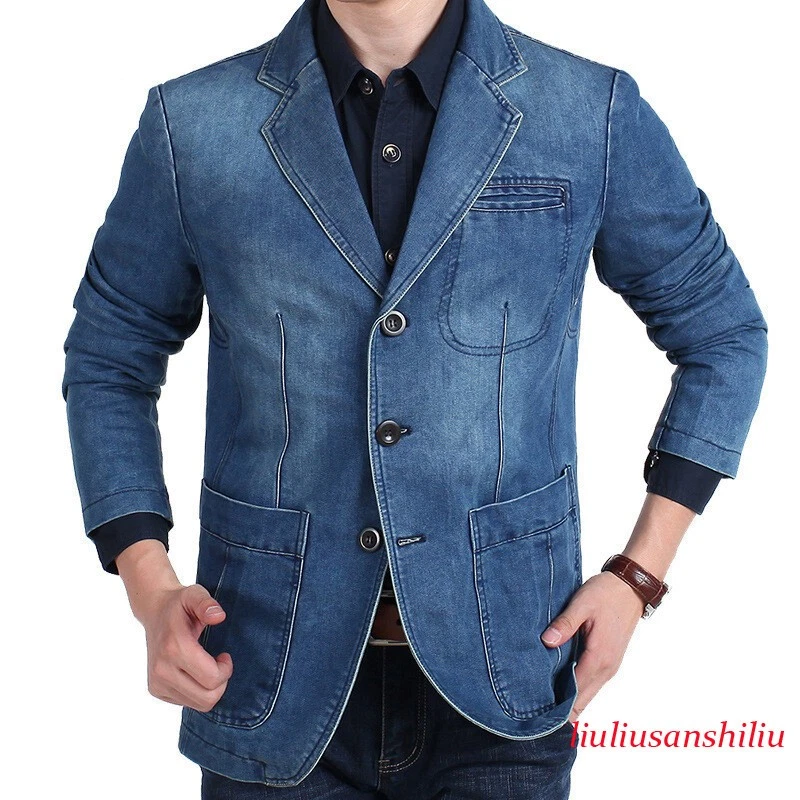 Men Denim Suit Tops Jacket Casual Jean Blazer Coat Slim Fit Outerwear Retro Blue