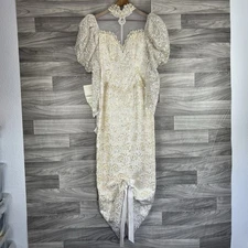 Vintage 1980’s Demetrios Ivory Beaded Wedding Dress Puff Long Sleeves Sz 10 Lace