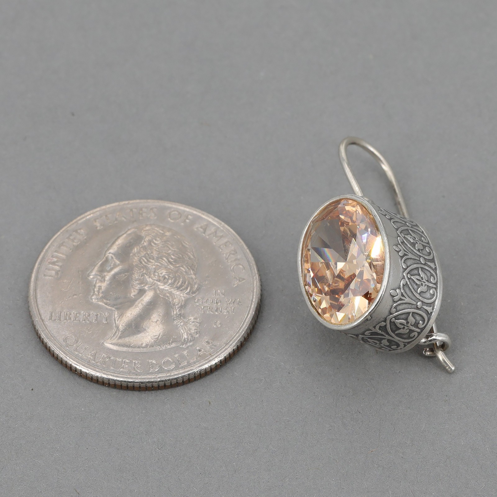 Retired Silpada Embossed Sterling Silver Oval Champagne CZ Drop Earrings W1335