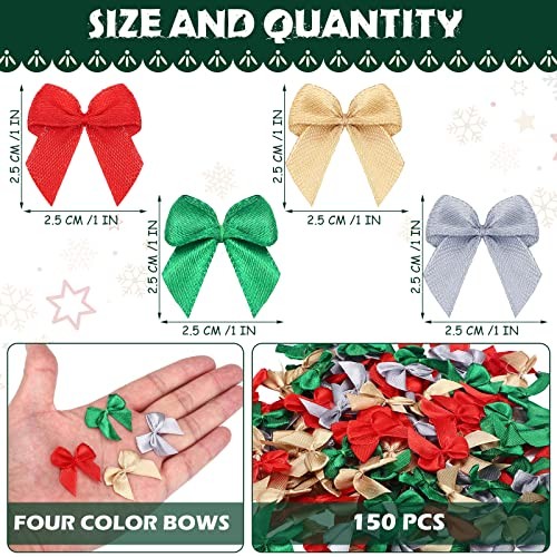 Syhood 150 Pcs Christmas Mini Bow Tiny Twist Tie Gold, Silver, Red, Green