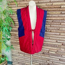 Japanese Vintage Handmade Hanten Blue and Red Padded Kimono Yukata Vest
