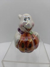 Shiny Ceramic Glazed Friendly Ghost with Pumpkin Halloween Decor 3.75 FREE SHIP