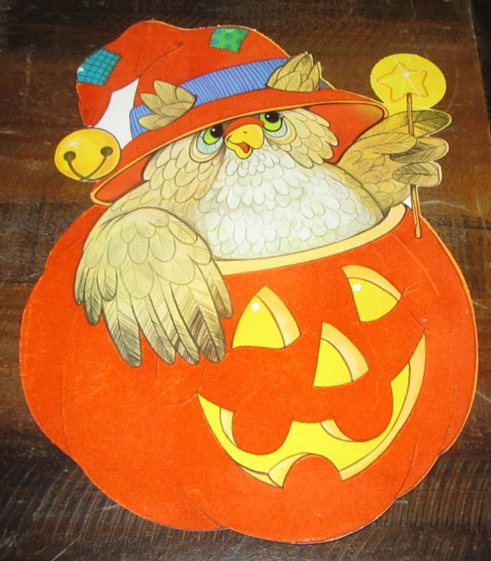 Vintage Cute Pumpkin Owl Jack O Lantern Fuzzy Felt Flocked Halloween Die Cut