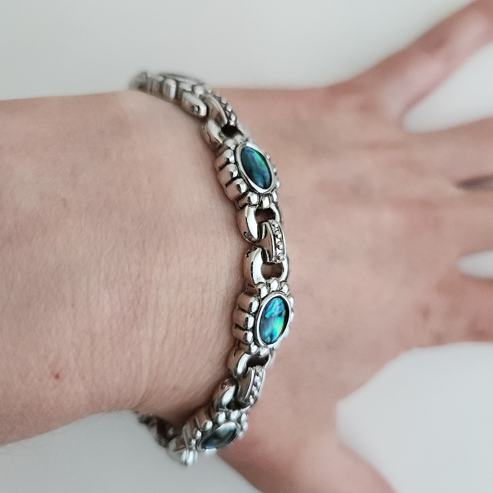 Abalone Shell Oval Link Bracelet Silver Tone 7” D… - image 9