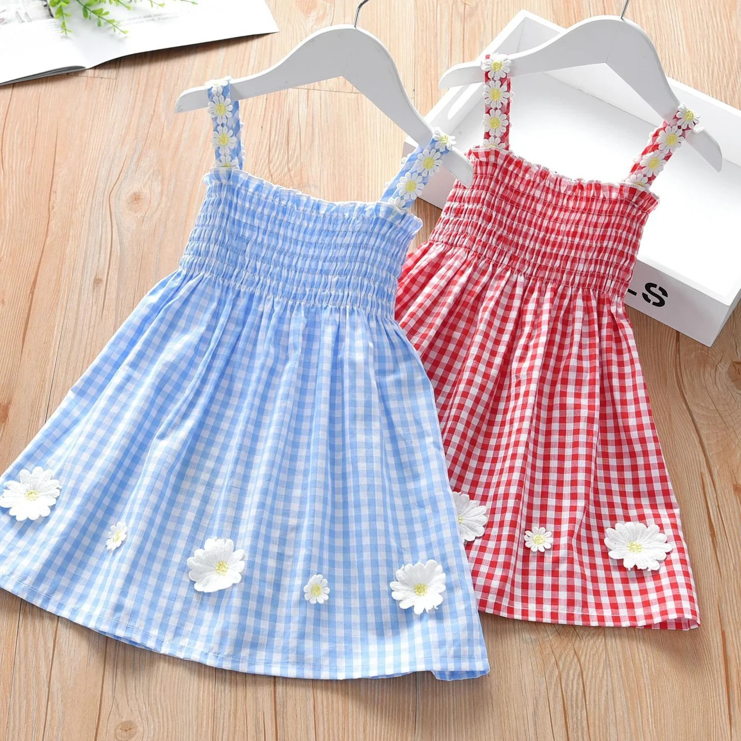 Wholesale Kids Toddler Girls Casual Cute Flower Plaid Print Strap Dress