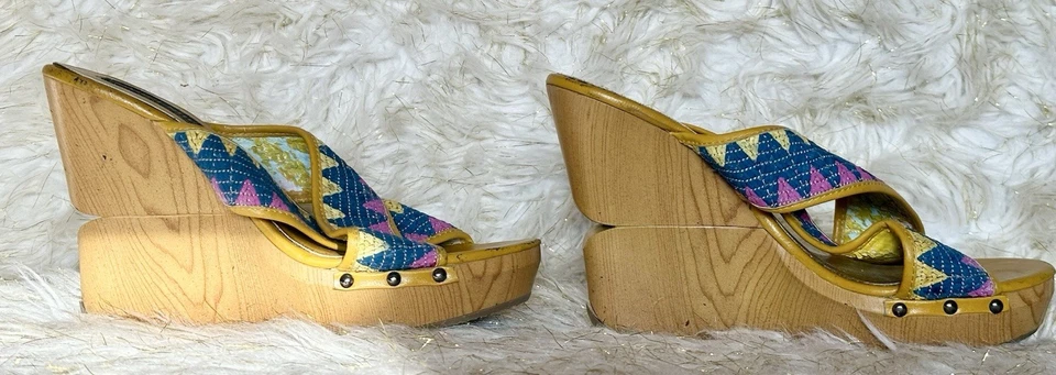Винтажные сандалии на платформе на танкетке по Фаренгейту размер 10 деревянный каблук разноцветные племенные - Изображение 3 из 4