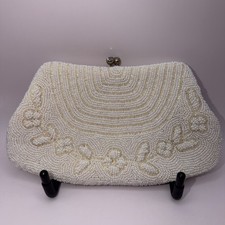 Richere By Walborg Handmade in Japan White Beaded Evening Bag w/ Gold Chain Vtg