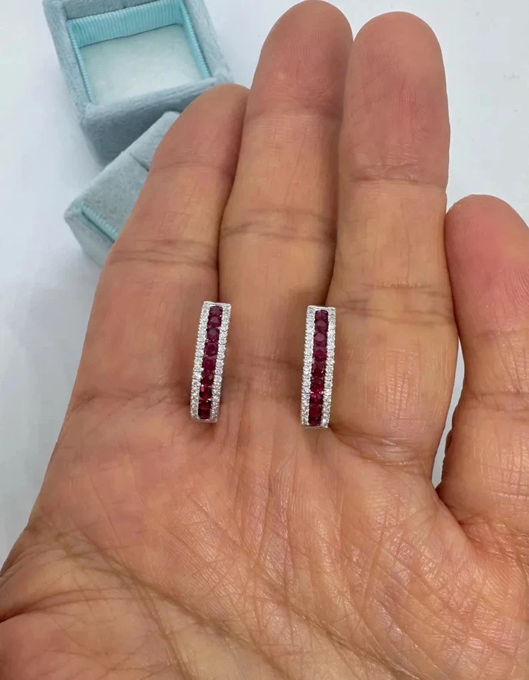 1Ct Round Cut Lab-Created Ruby Women Huggie Hoop Earrings 14K White Gold Plated - Image 2 of 4