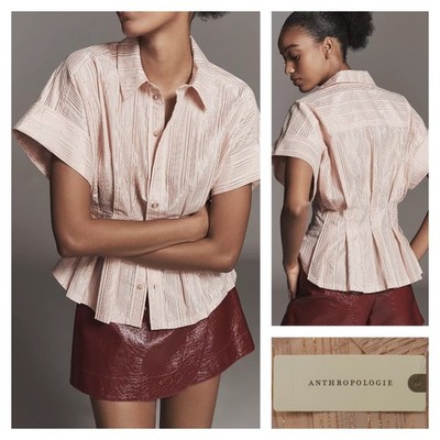 Anthropologie Pilcro Bobbie Short Sleeve Fitted Waist Striped Shirt Rose M NWT