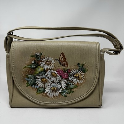 Vintage Florida Keys Handbag Floral Butterfly Shoulder Crossbody Purse Beige