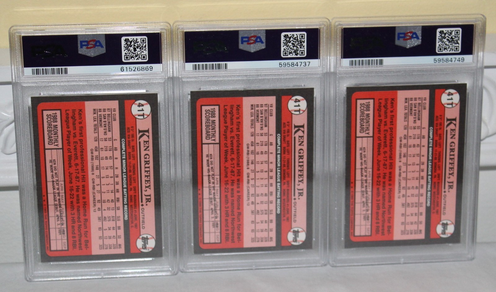 THREE (3) 1989 Topps Traded #41T KEN GRIFFEY JR. ROOKIE RC Graded PSA 9 MINT view 3