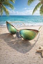 Gold Cat Eye Sunglasses Green Mirrored Lens UV400 New 17