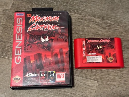 Maximum Carnage Spider-Man Sega Genesis Game + Case Cleaned & Tested Authentic