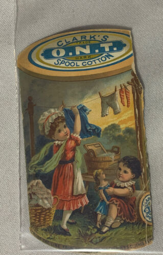 Antique Advertisng Trading Card Girl Hanging Clothes Clark's Black Spool Cotton - 第 1/2 張圖片