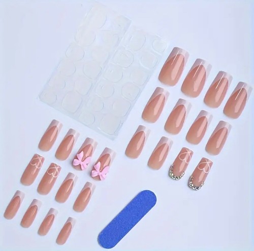 24 Long Square French Tip 3D Pink Bow Rhinestones Press On False Nails Brand New - Picture 4 of 5