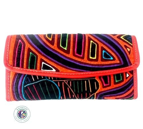 Unique Artisan Handmade Mola Wallet Large - Arte Kuna Colombia 100% Leather - Picture 1 of 5