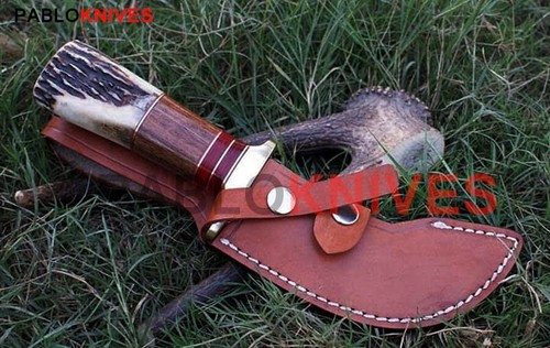 Cuchillo Bowie pequeño de caza de acero Damasco forjado a mano de 12" mango de asta de ciervo - Imagen 2 de 4
