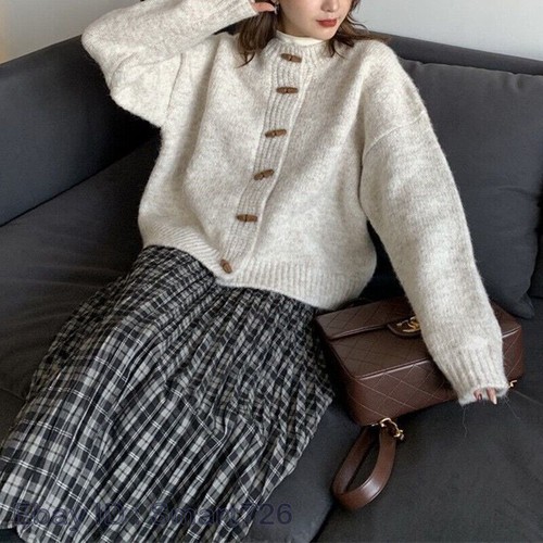 Women Casual Horn Button Knit Cardigan Loose Sweater Jacket Round Neck Top Warm - Picture 14 of 30