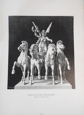 Quadriga auf dem Wiener Parlamentsgebäude, by V. Pilz  --  1886 - antique print