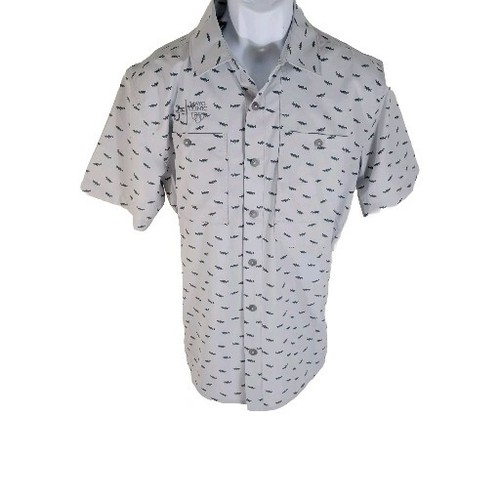Simms Mens Medium M Double Haul Short Sleeve Button Shirt Trout Fish Graphic