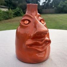 Vintage Orange Folk Art Face Jug Ceramic Studio Art