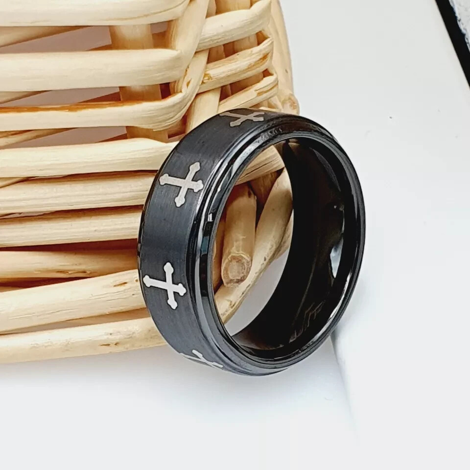Women's Cross Engagement Ring Multiple Christian Cross Black Tungsten Men Ring