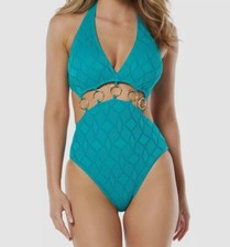 Vince Camuto Women's Blue Ring-Detail Plunge One-Piece Swimsuit Size 14