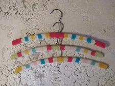 Lot of 3 Vintage Wood Crochet Thread Covered Hangers Bright Colors