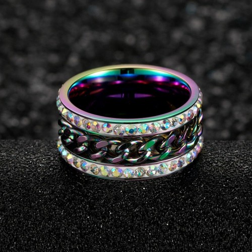 11mm Black/Gold/Rainbow Cz Band Men's Stainless Steel Spinner Chain Wedding Ring - Picture 2 of 14