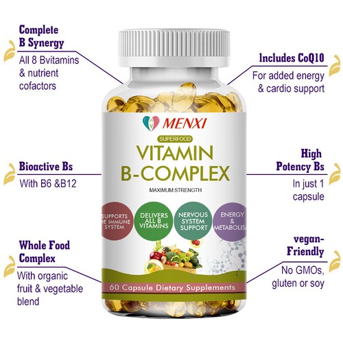 Vitamin B Complex Caps,Vitamins B1,B2,B3,B5,B6,B8,B12,Energy, Metabolism Support - Picture 4 of 8