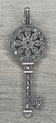 Signed CFJ Collins Sterling 925 Marcasite Ornate Skeleton Key Big Pendant 4g 2''