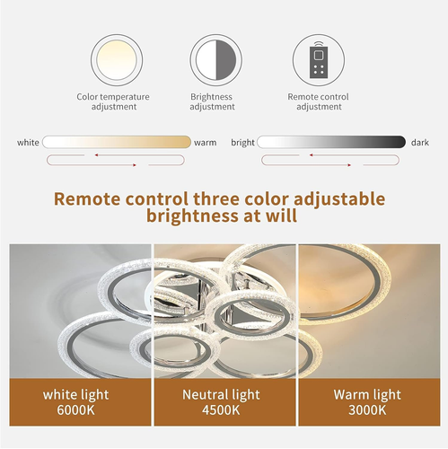 LED Ceiling Light 76W Modern Close to Ceiling Lamp Dimmable 6 Rings Ceiling Chan - Picture 6 of 9