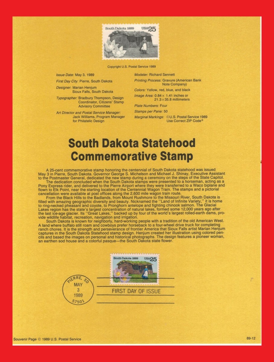 US SP853 / 2416 South Dakota Statehood FLOWER Souvenir Page Zayix